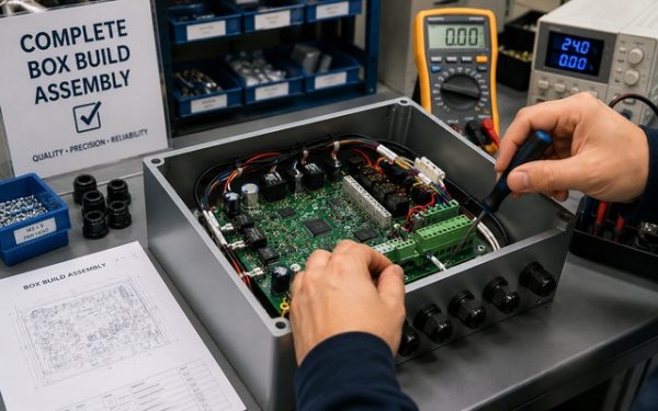 Complete box build assembly of an electronic control unit with PCB, wiring and enclosure integration
