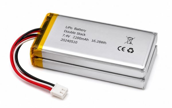 Double-stack lithium polymer (LiPo) rechargeable battery pack on a white background