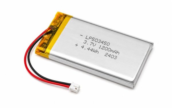 Lithium polymer (LiPo) rechargeable battery with connector on a white background